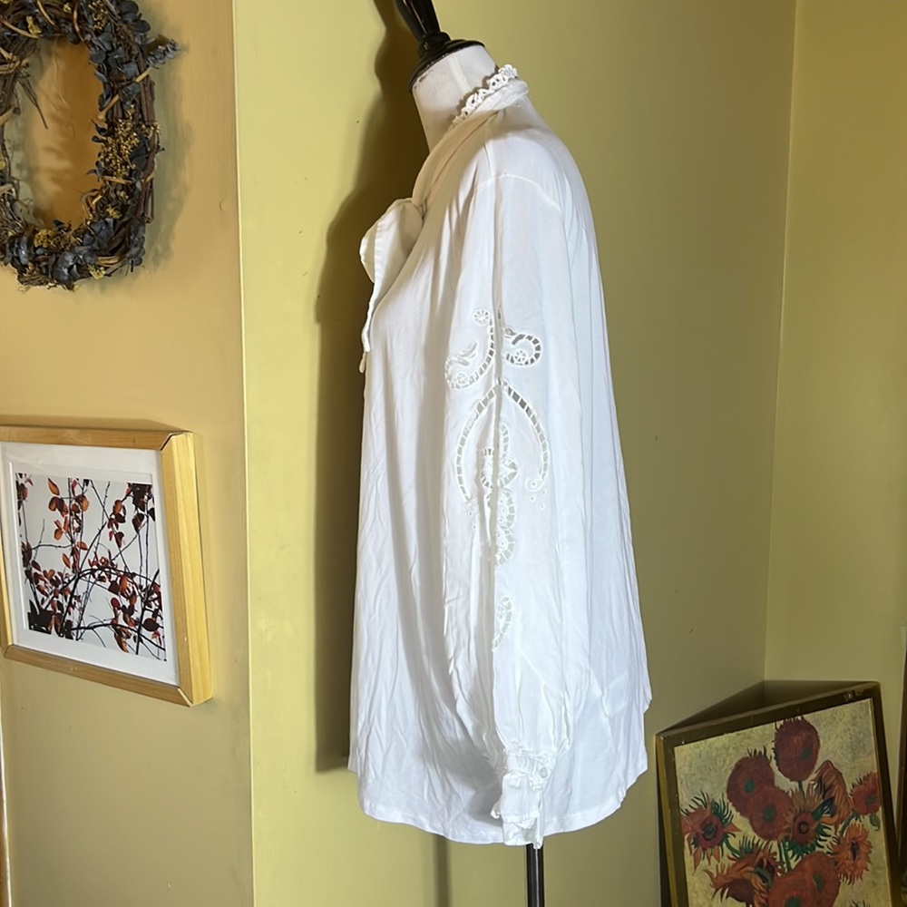 ANTHROPOLOGIE Lea & Viola Size 3X White Poet Blouse Tunic PussyBow Stretch $120 - Picture 9 of 16